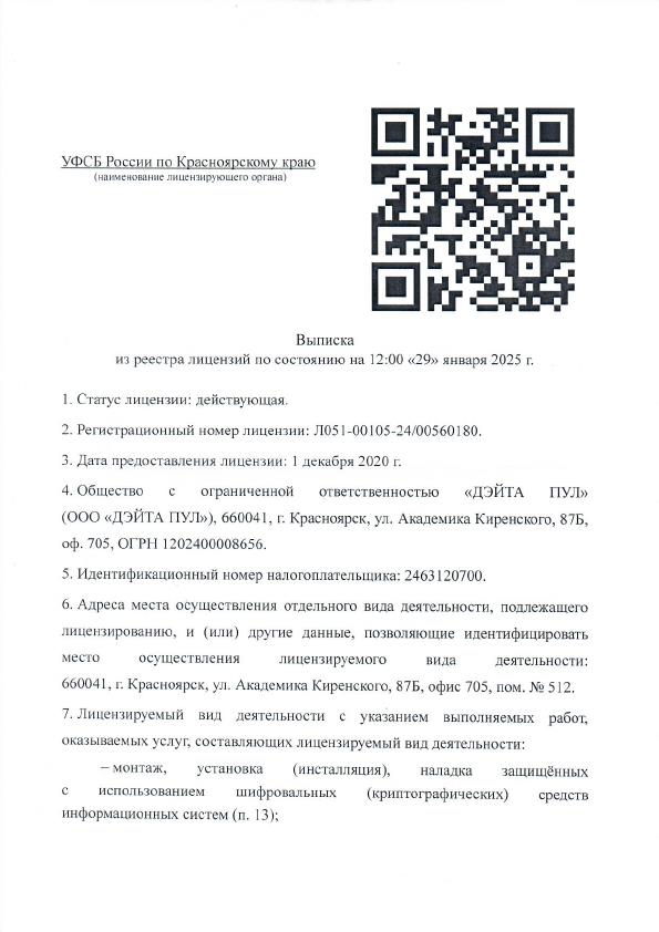 Выписка ФСБ из реестра Дейтапул
